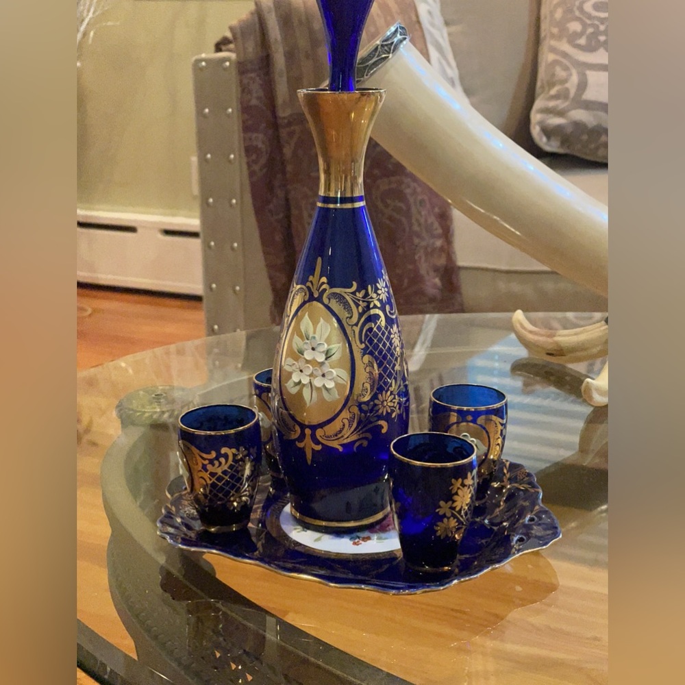 Antique Murano Blue Gold Leaf Decanter with 4 Glasses and Tray